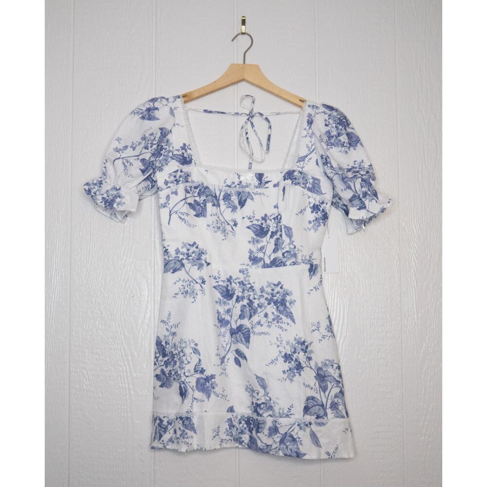 REFORMATION Evianna Linen Blue & White Toile Puff Sleeve Mini Dress US 10 NWT - Picture 7 of 14